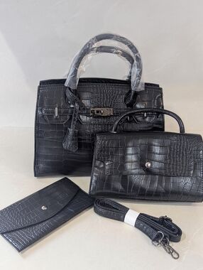 Black Croc-Embossed 3-Piece Womens Handbag Set